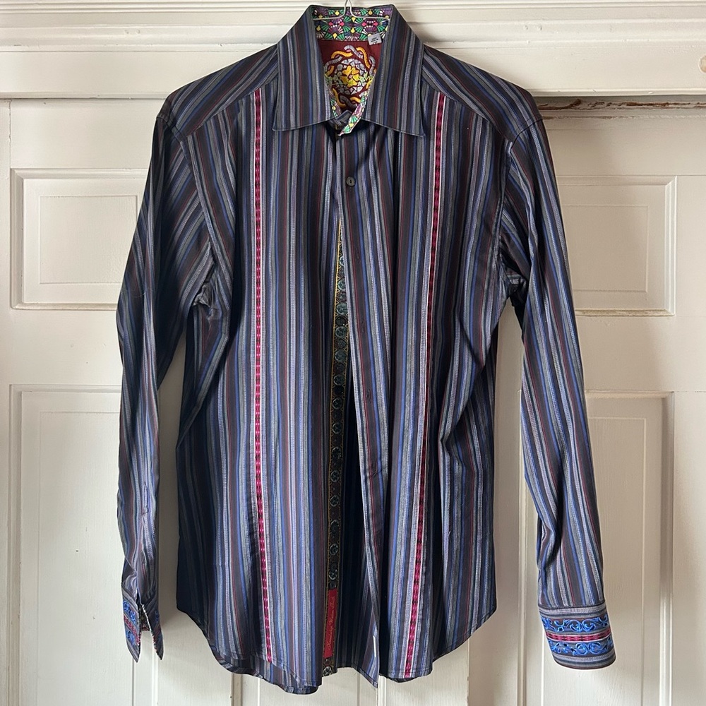 ROBERT GRAHAM dress shirt L striped with fantastic details Like NEW